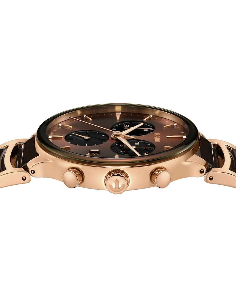 Rado Unisex Swiss Chronograph Centrix Brown Ceramic & Rose Gold Pvd Stainless Steel Bracelet Watch 41mm