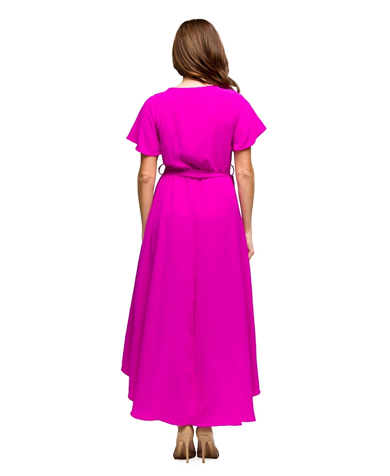 24seven Comfort Apparel Women's V Neck Belted Faux Wrap High Low Dress