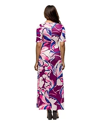 24seven Comfort Apparel Women's Purple Floral Print Elbow Sleeve Casual A Line Maxi Dress
