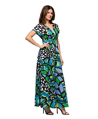 24seven Comfort Apparel Women's V Neck Empire Waist Cap Sleeve Maxi Dress