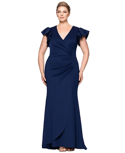 Xscape Plus Gathered-Waist Flutter-Sleeve Evening Gown