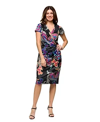 24seven Comfort Apparel Women's Paisley Knee Length Short Sleeve Faux Wrap Dress