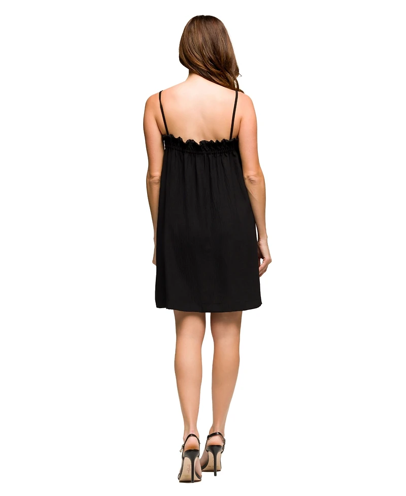 24seven Comfort Apparel Women's Square Neck Spaghetti Strap Smocked Pocket Mini Dress