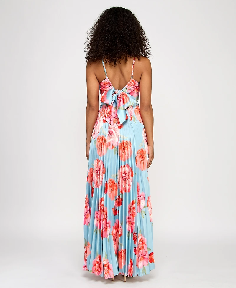 Katia Rae Juniors' Floral Bow-Back Pleated Maxi Dress