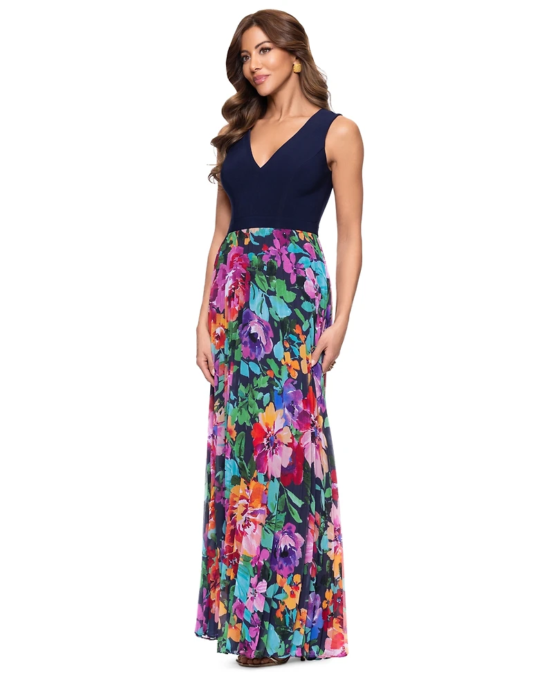Xscape Petite Mixed-Media V-Neck Sleeveless Gown