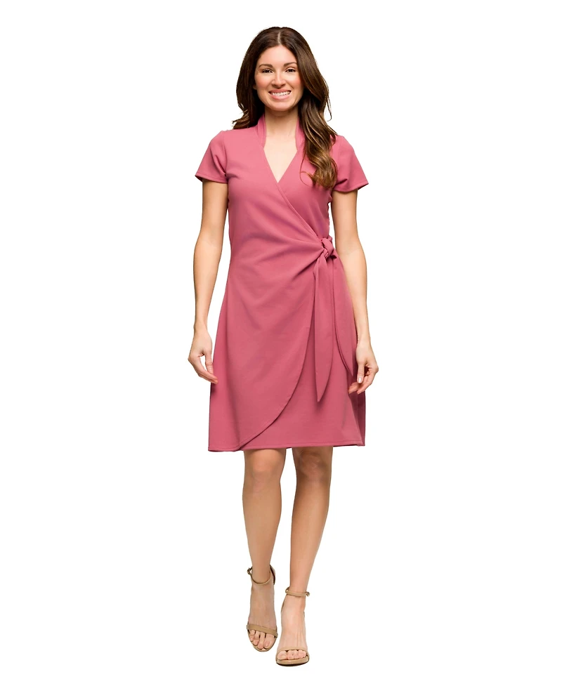 24seven Comfort Apparel Women's Mandarin Collar Knee Length Wrap Dress