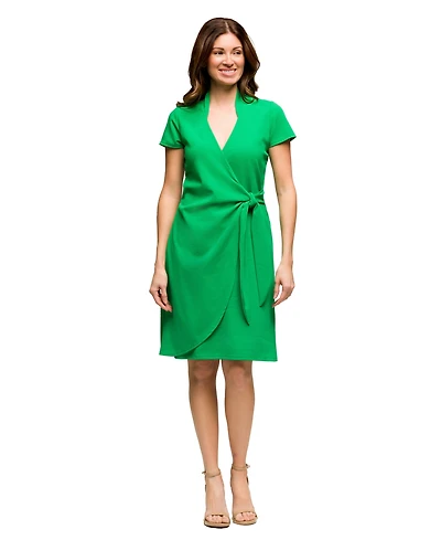 24seven Comfort Apparel Women's Mandarin Collar Knee Length Wrap Dress