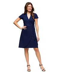 24seven Comfort Apparel Women's Mandarin Collar Knee Length Wrap Dress