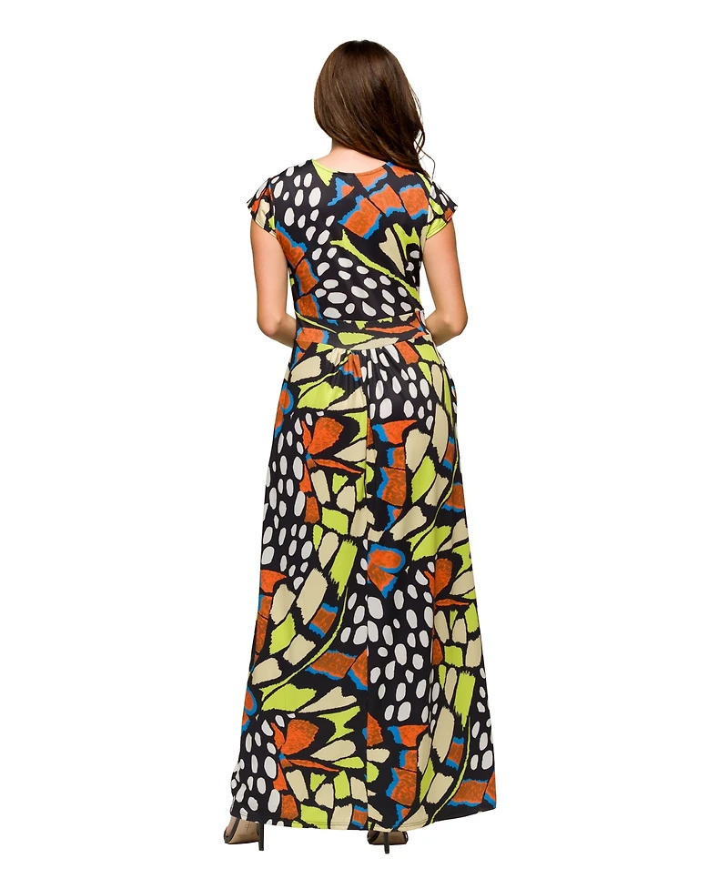 24seven Comfort Apparel Women's Cap Sleeve V Neck Side Slit Pocket Maxi Dress