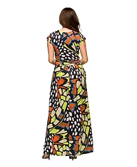 24seven Comfort Apparel Women's Cap Sleeve V Neck Side Slit Pocket Maxi Dress