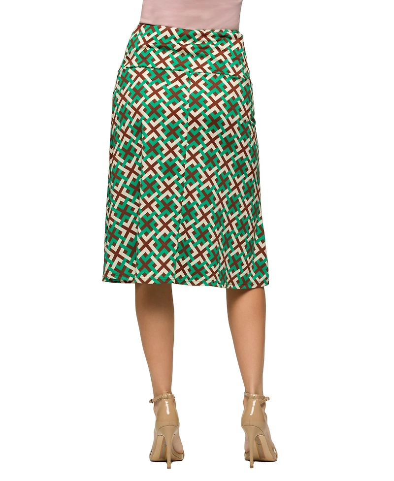 24seven Comfort Apparel Women's Green Geometric Print Comfortable Elastic Waist Knee Length Skirt