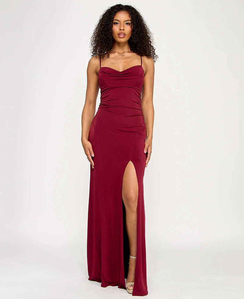 Emerald Sundae Juniors' Cowlneck Ruched Gown