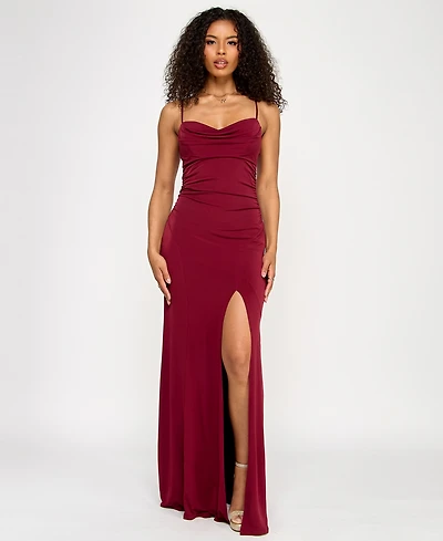 Emerald Sundae Juniors' Cowlneck Ruched Gown