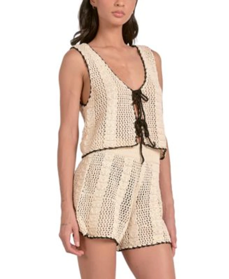 Elan Womens Crochet Tipped Tie Front Vest Crochet Tipped High Waisted Pull On Shorts
