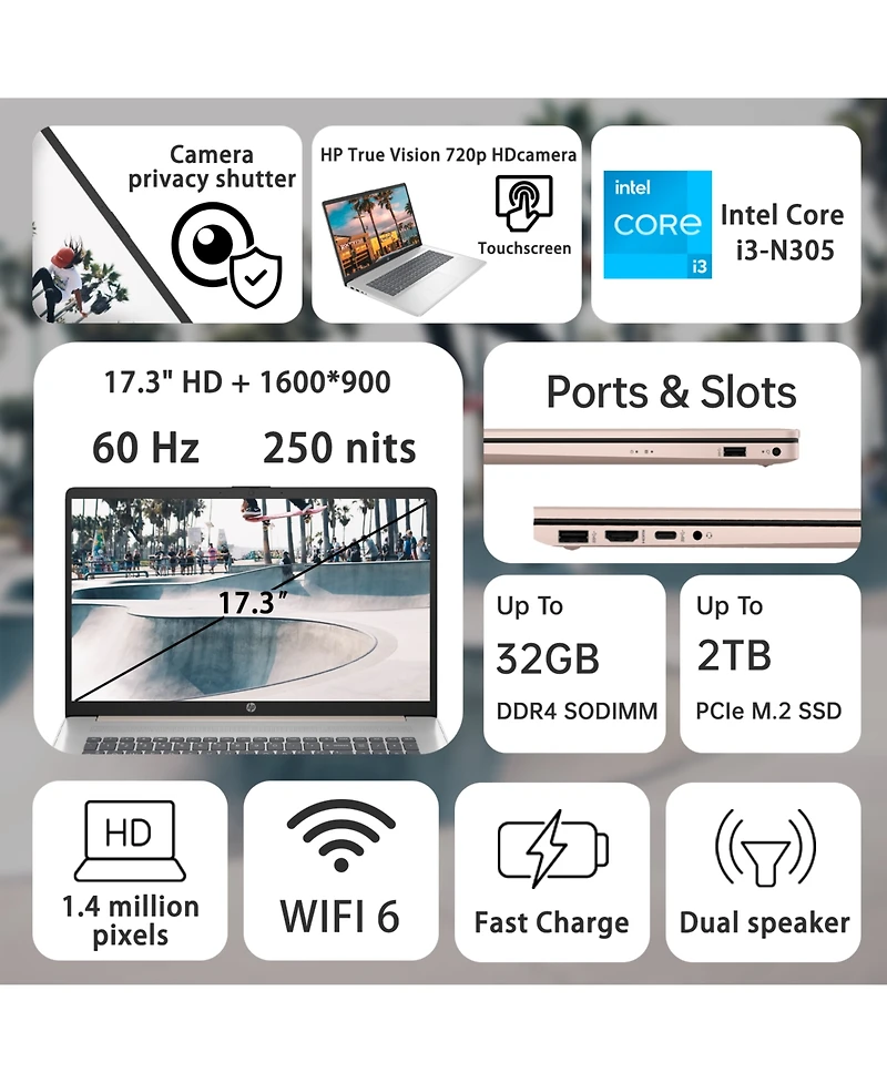 Hp Essential 17.3" Daily Traditional Laptop Intel Core i3 N305 8GB Ram Intel Uhd Graphics 512GB Ssd Storage Windows 11 Home Hd+ 60Hz - Rose