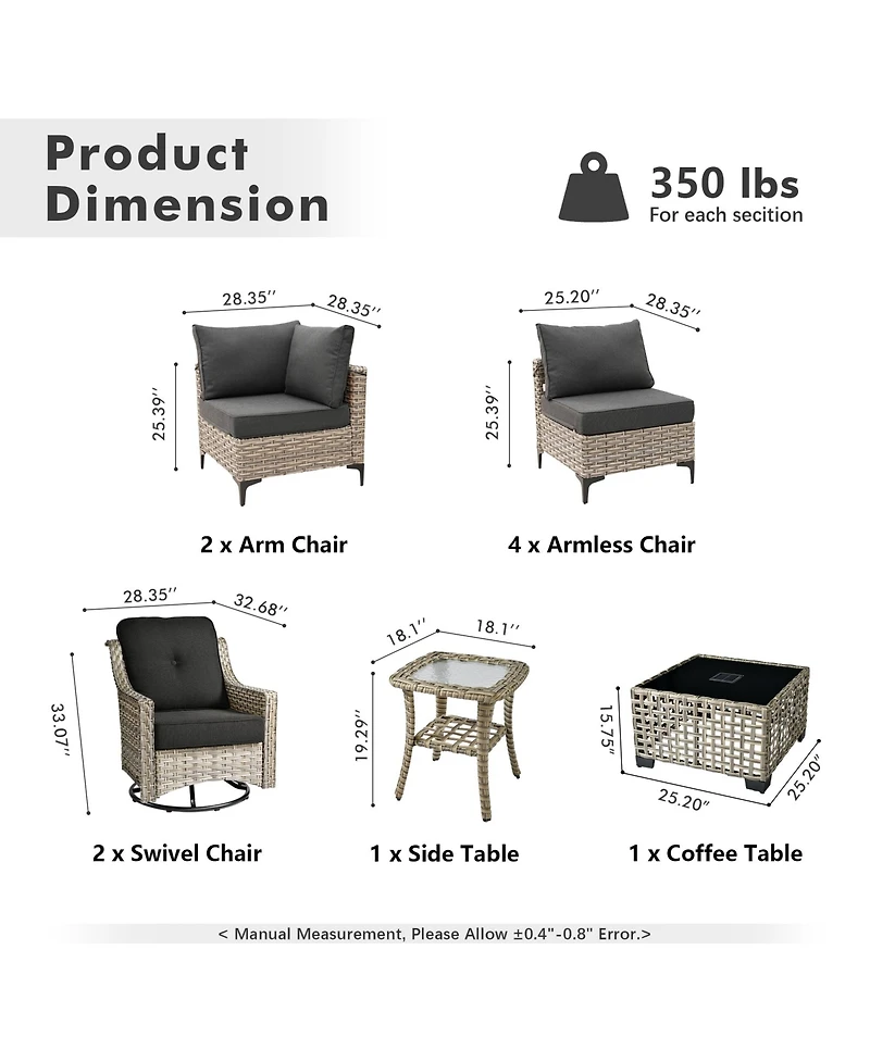 Xizzi 10 Piece Outdoor Patio Furniture with Swivel Rocking Chairs,All Weather Rattan Wicker Sectional Coversation Set Solar Coffee Table, Single