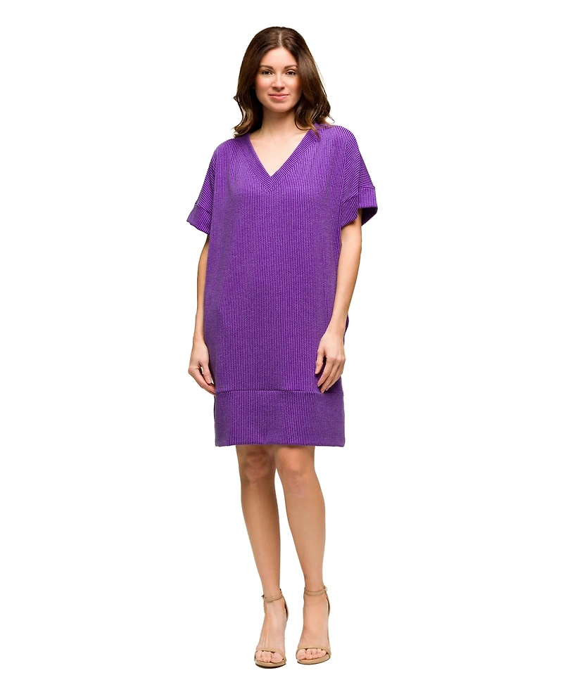 24seven Comfort Apparel Women's V Neck Loose Fit Short Sleeve Pocket T Shirt Dress