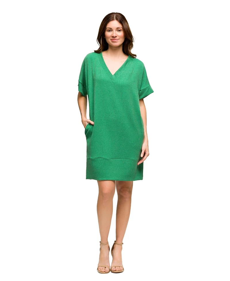 24seven Comfort Apparel Women's V Neck Loose Fit Short Sleeve Pocket T Shirt Dress