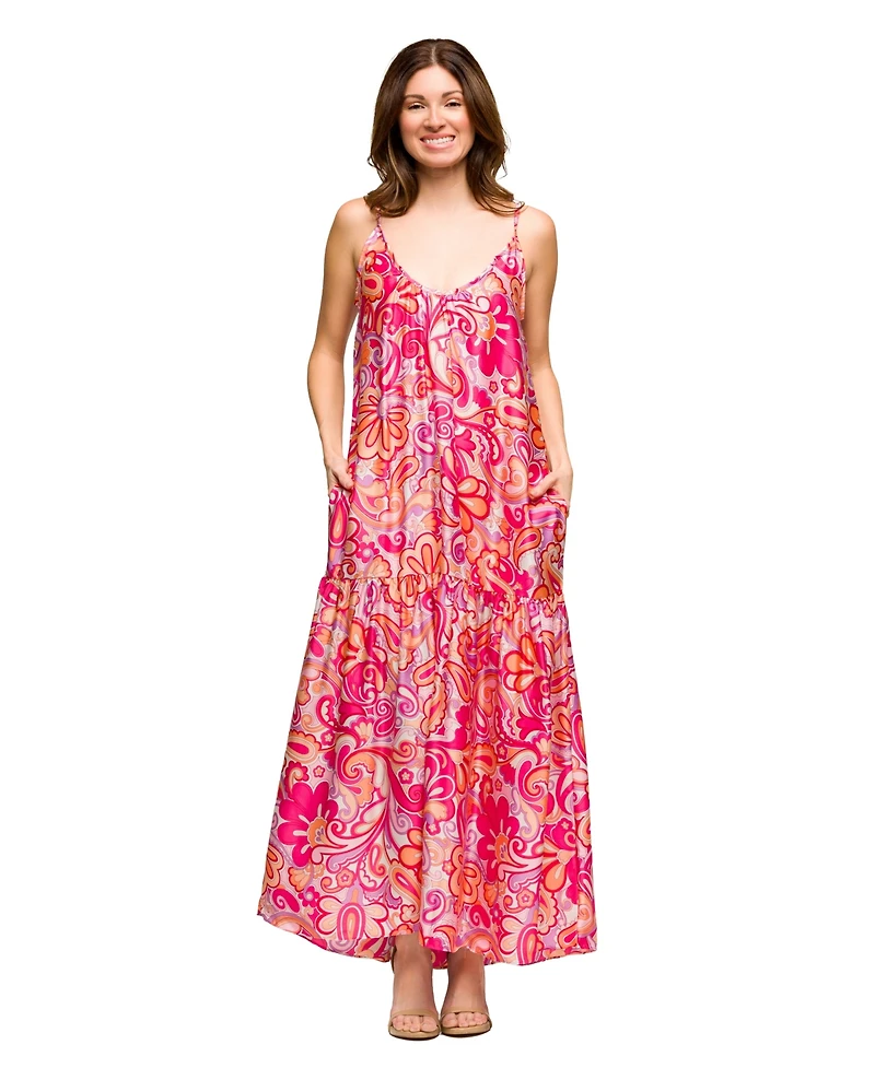 24seven Comfort Apparel Women's Pink Print Lightweight Spaghetti Strap Pocket Maxi Dress