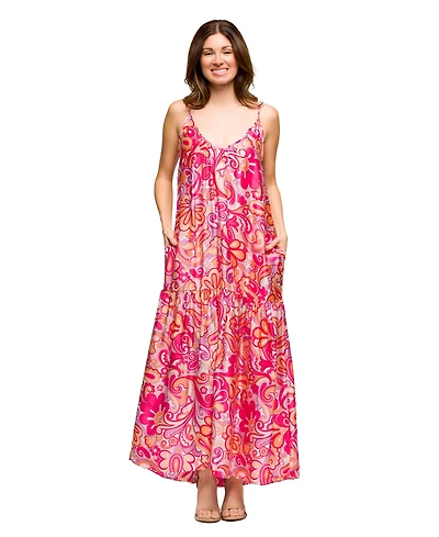 24seven Comfort Apparel Women's Pink Print Lightweight Spaghetti Strap Pocket Maxi Dress