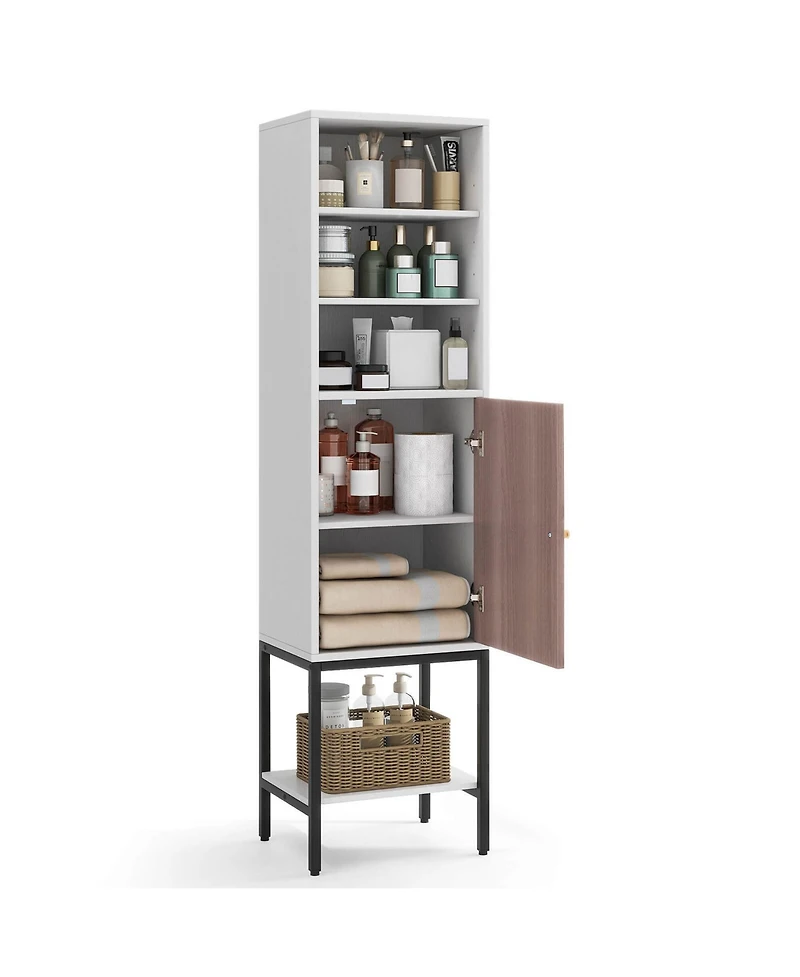 57" Bathroom Tall Cabinet with 1 Door and 4 Shelves Freestanding Floor Cabinet