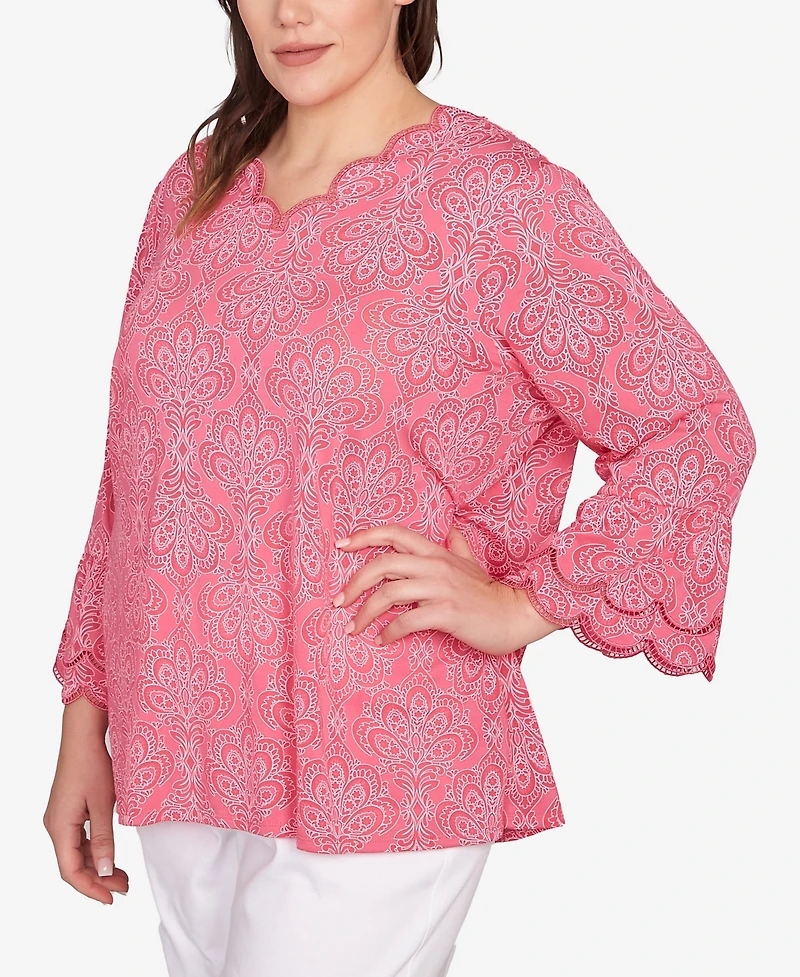 Ruby Rd. Plus Print Solid Burnout Top