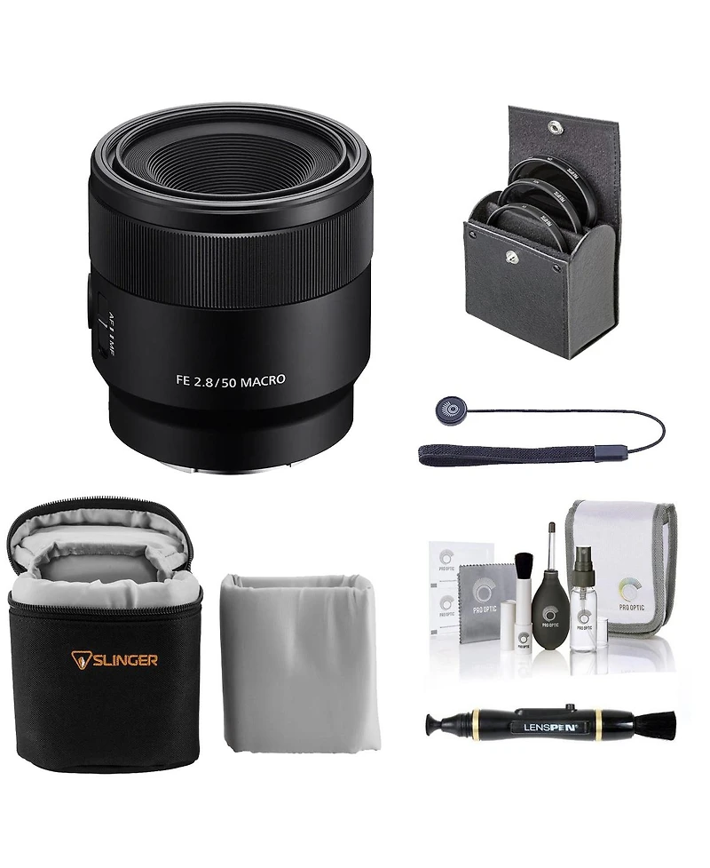Sony Fe 50mm f/2.8 Macro Lens for Sony E, Bundle with 55mm Filter Kit, Lens Case, Lens Cleaner, Cleaning Kit, Lens Cap Tether
