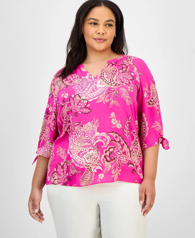 Jones New York Plus Paisley-Print Tie-Sleeve Blouse