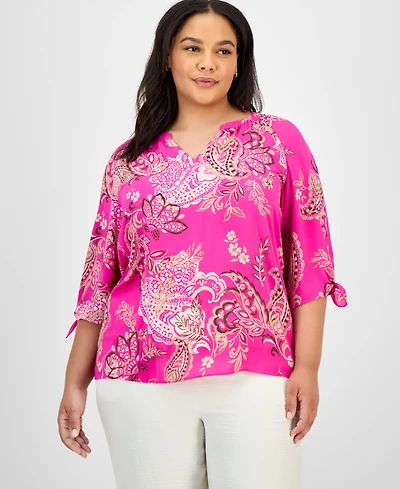 Jones New York Plus Size Paisley-Print Tie-Sleeve Blouse