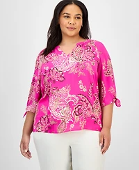 Jones New York Plus Paisley-Print Tie-Sleeve Blouse