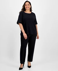 Jones New York Plus Elbow-Sleeve Lattice-Trim Top