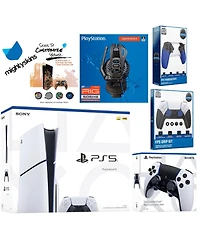 Sony Playstation 5 Slim Disc Bundle with Extra Edge Controller, Plantronics Headset, Trigger Stop Kit, Fps Grip Kit and MightySkins Decal Voucher
