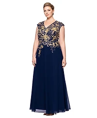 Betsy & Adam Plus Metallic-Embroidered A-Line Gown