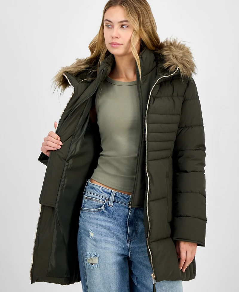 Maralyn & Me Juniors' Faux-Fur Hooded Bibbed Puffer Coat