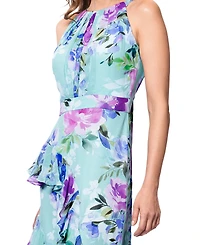 Betsy & Adam Petite Printed Halter-Neck Ruffled Sleeveless Gown