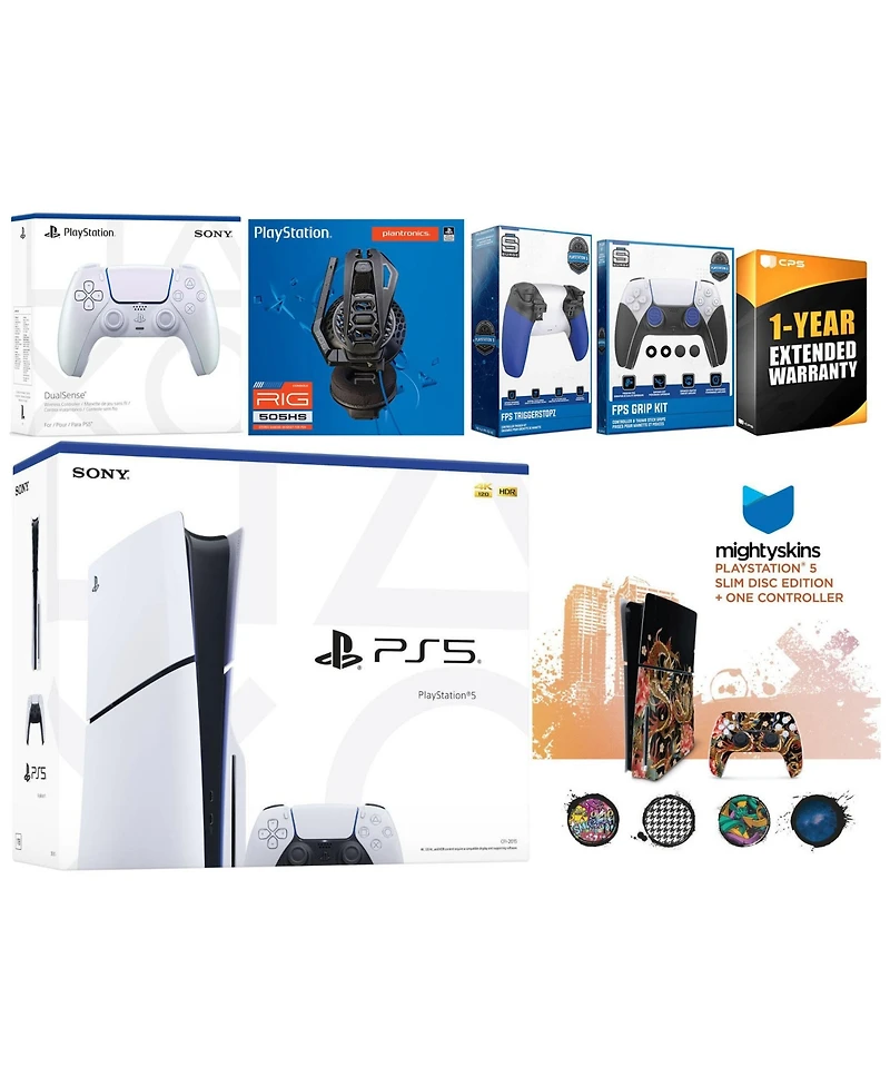 Sony Playstation 5 Slim Disc with Extra Volcanic Red Controller, Plantronics Headset, Trigger Stop Kit, Fps Grip Kit and MightySkins Decal Voucher + 1