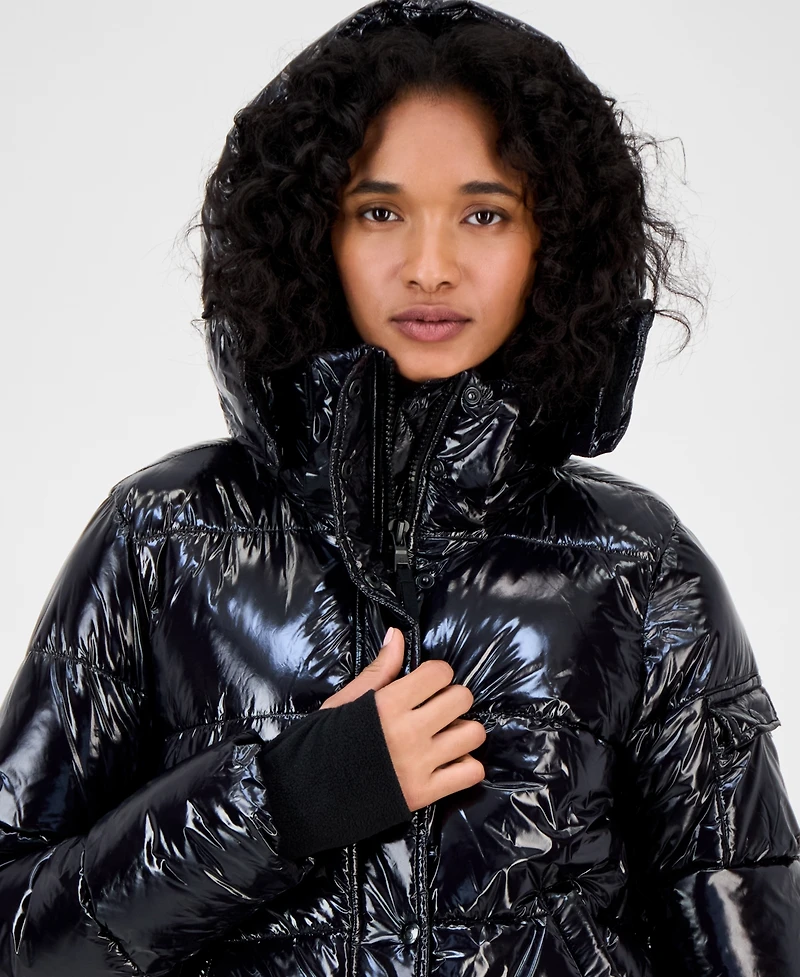 S13 Women's Ella Hooded Thumbhole-Cuff Shine Puffer Coat