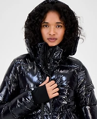 S13 Women's Ella Hooded Thumbhole-Cuff Shine Puffer Coat