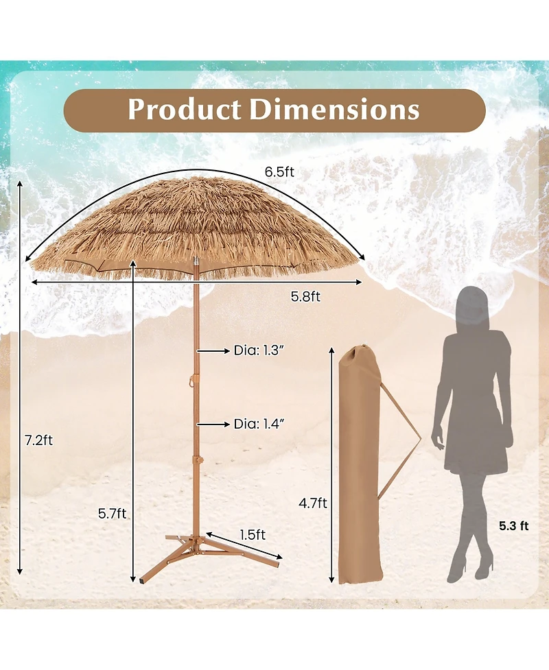 Gymax 6.5 Ft Thatched Tiki Umbrella w/ Foldable Stand Hawaiian Style Beach Umbrella