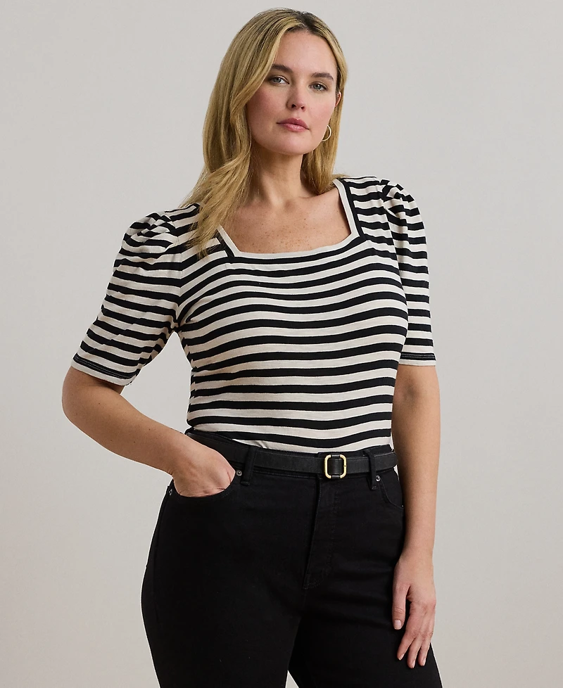 Lauren Ralph Lauren Plus Size Striped Cotton Jersey Puff-Sleeve Tee