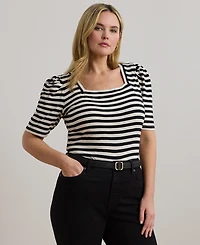 Lauren Ralph Lauren Plus Size Striped Cotton Jersey Puff-Sleeve Tee