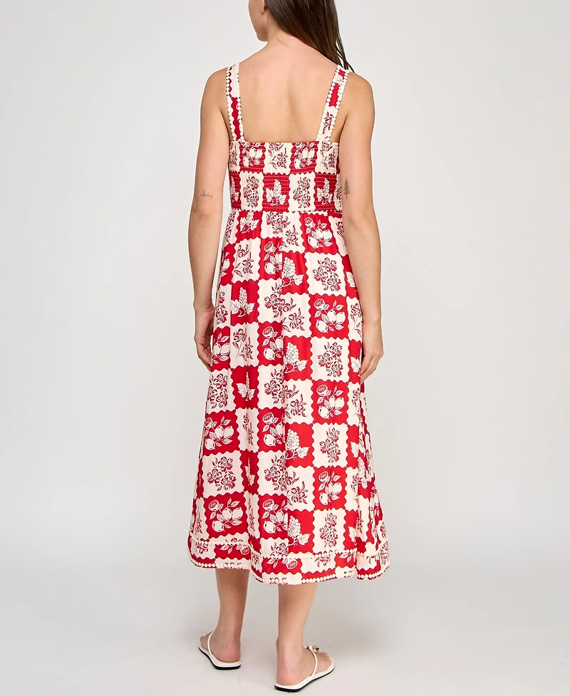 Planet Gold Juniors' Floral-Print Pom Pom-Trim Dress