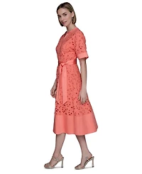 Karl Lagerfeld Paris Women's Eyelet Cotton A-Line Shirtdress