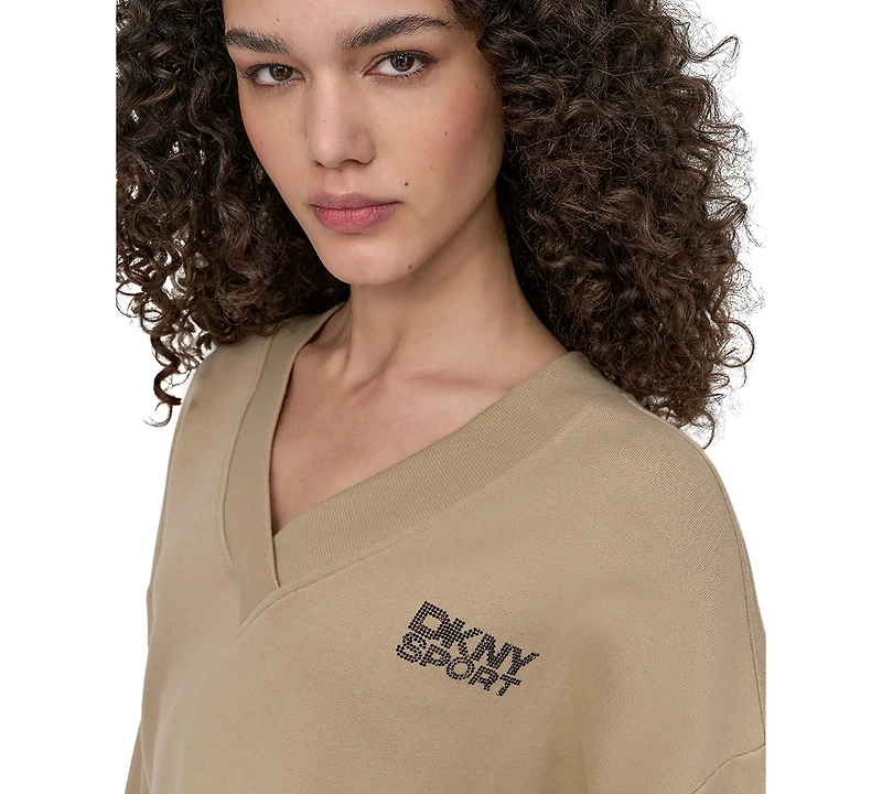 Dkny Sport Women's Rhinestone-Logo V-Neck Pullover Top