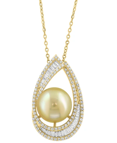 Effy Cultured Golden South Sea Pearl (10mm) & Diamond (1-1/4 ct. t.w.) Pendant Necklace in 14k Yellow Gold, 17" + 1" extender