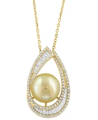 Effy Cultured Golden South Sea Pearl (10mm) & Diamond (1-1/4 ct. t.w.) Pendant Necklace in 14k Yellow Gold, 17" + 1" extender