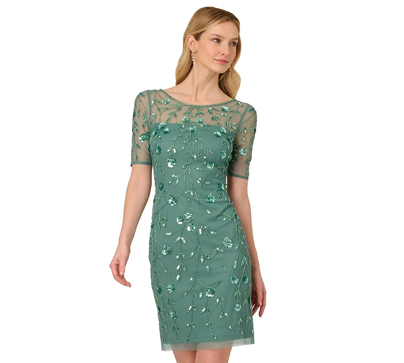 Adrianna Papell Women's 3D Floral Beaded Sheath Dress