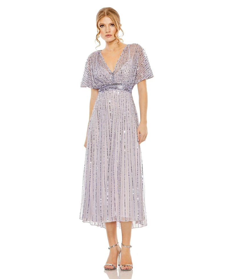 Mac Duggal Women's A Line Embellished Short Sleeve Dress