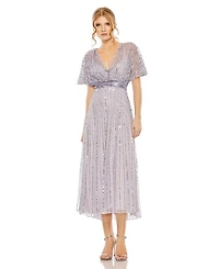 Mac Duggal Women's A Line Embellished Short Sleeve Dress