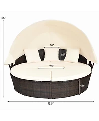 Patio Rattan Daybed Cushioned Sofa Adjustable Table Top Canopy 3 Pillows